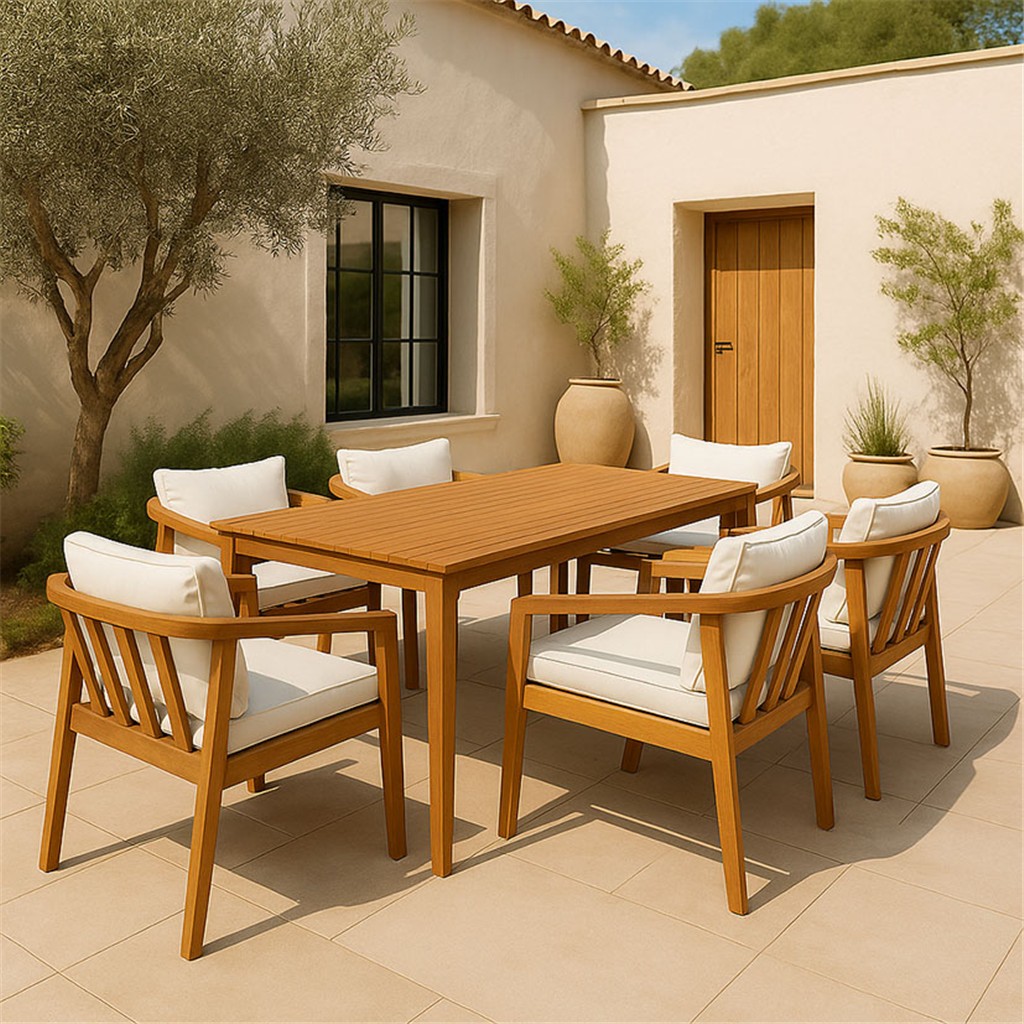 Conjunto comedor terraza 7 piezas Dom. Estructura madera. Tipo tela po